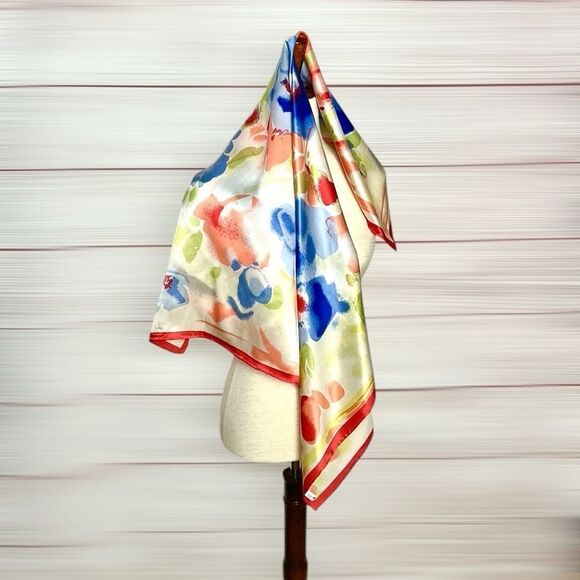 Silk Satin Square Scarf Floral Watercolor Print Hand Rolled Hand Printed 34x34” - Picture 9 of 12